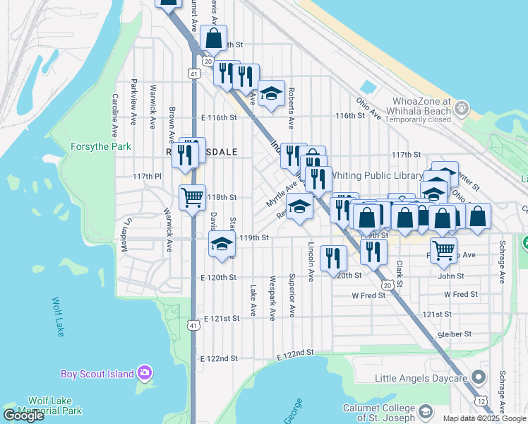 map of restaurants, bars, coffee shops, grocery stores, and more near 950 Myrtle Avenue in Whiting