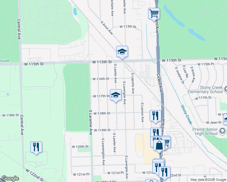 map of restaurants, bars, coffee shops, grocery stores, and more near 11640 South Lawler Avenue in Alsip