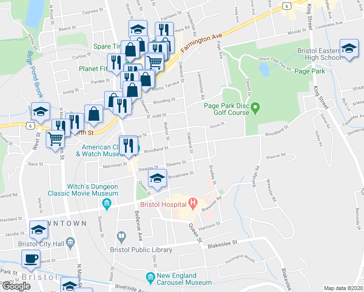 map of restaurants, bars, coffee shops, grocery stores, and more near 100 Woodland Street in Bristol