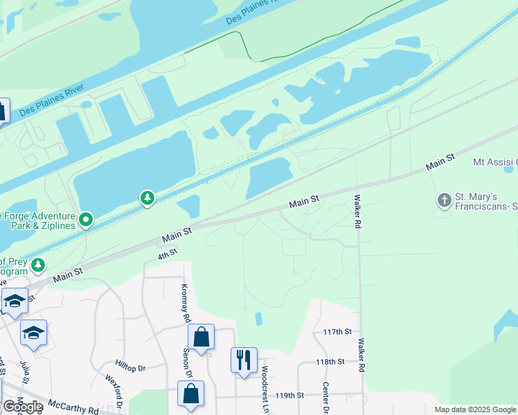 map of restaurants, bars, coffee shops, grocery stores, and more near 14695 Main Street in Lemont