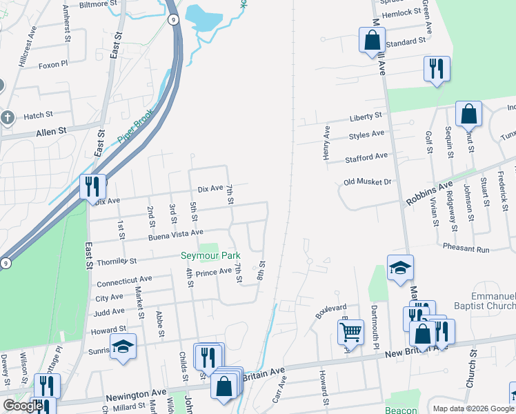 map of restaurants, bars, coffee shops, grocery stores, and more near 83 Kinnear Avenue in Newington