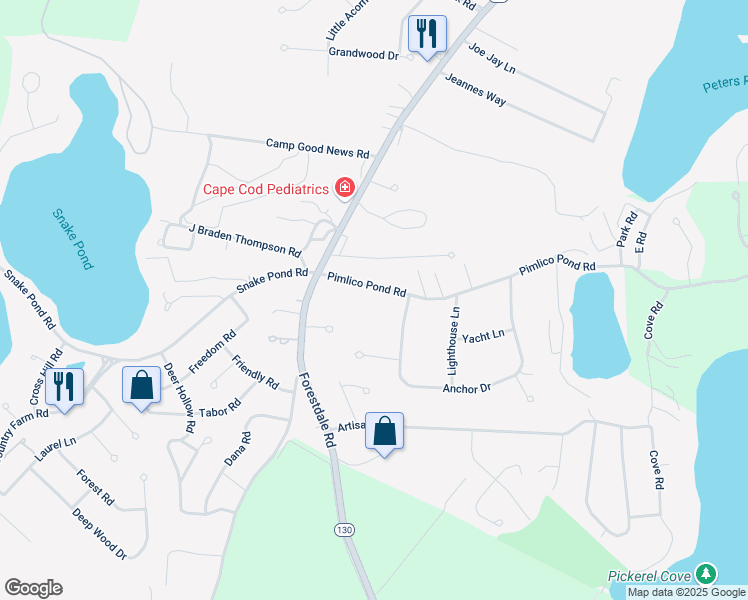 map of restaurants, bars, coffee shops, grocery stores, and more near 18 Pimlico Pond Road in Sandwich