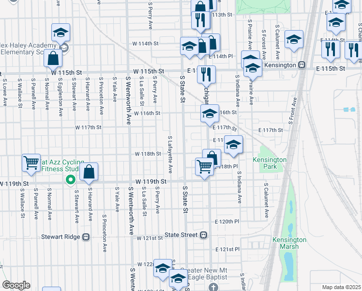 map of restaurants, bars, coffee shops, grocery stores, and more near 11740 South State Street in Chicago