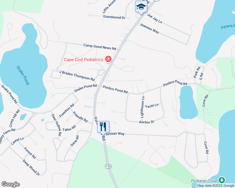 map of restaurants, bars, coffee shops, grocery stores, and more near 18 Pimlico Pond Road in Sandwich