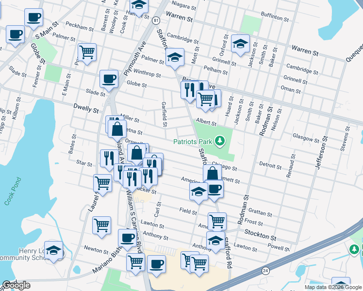 map of restaurants, bars, coffee shops, grocery stores, and more near 493 Aetna Street in Fall River