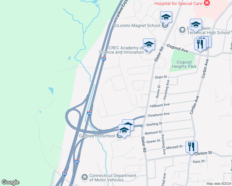 map of restaurants, bars, coffee shops, grocery stores, and more near 29 Marwood Drive in New Britain