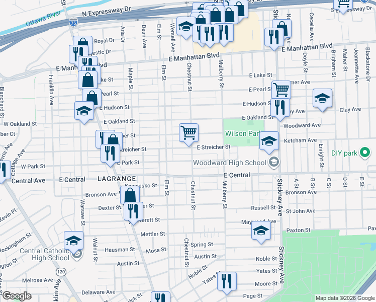 map of restaurants, bars, coffee shops, grocery stores, and more near 430 East Streicher Street in Toledo