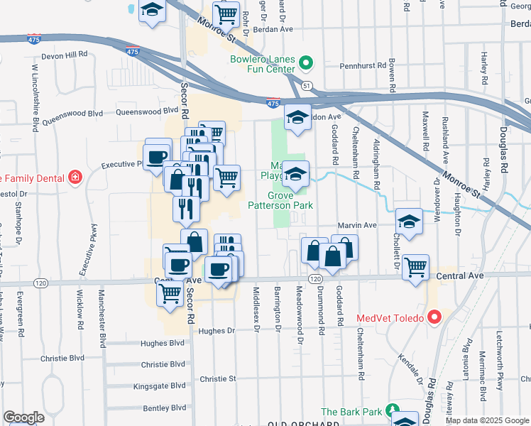 map of restaurants, bars, coffee shops, grocery stores, and more near 3210 Middlesex Dr in Toledo