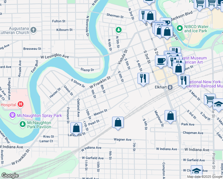 map of restaurants, bars, coffee shops, grocery stores, and more near 701 West Marion Street in Elkhart
