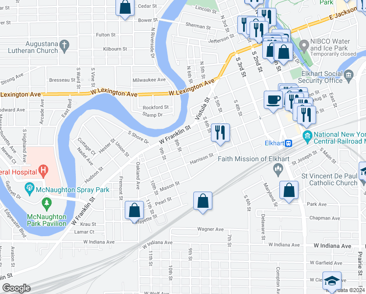 map of restaurants, bars, coffee shops, grocery stores, and more near 800 West Marion Street in Elkhart