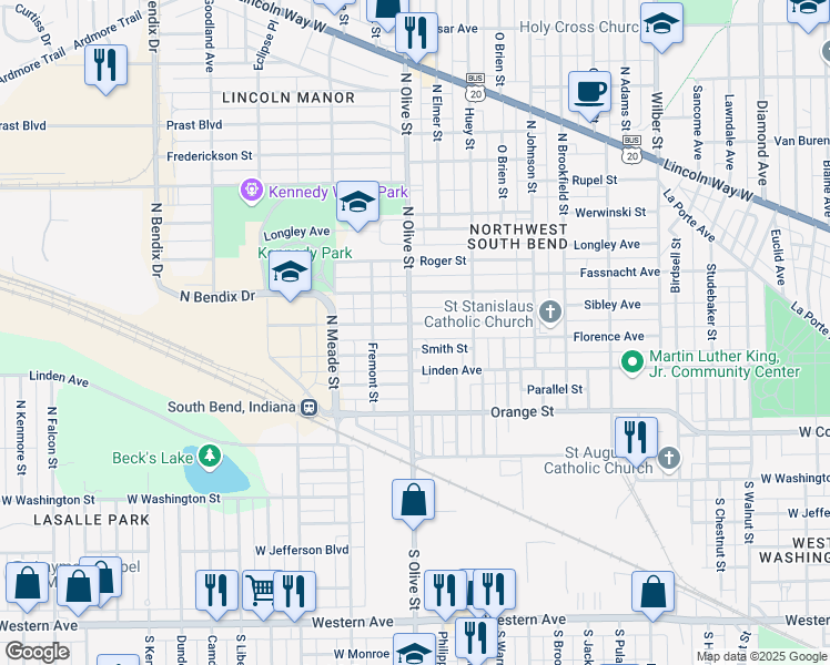 map of restaurants, bars, coffee shops, grocery stores, and more near in South Bend