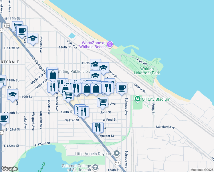 map of restaurants, bars, coffee shops, grocery stores, and more near 1828 Pennsylvania Avenue in Whiting