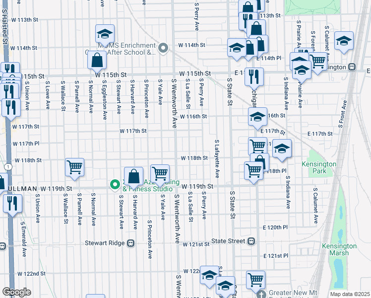 map of restaurants, bars, coffee shops, grocery stores, and more near 11739 South Wentworth Avenue in Chicago