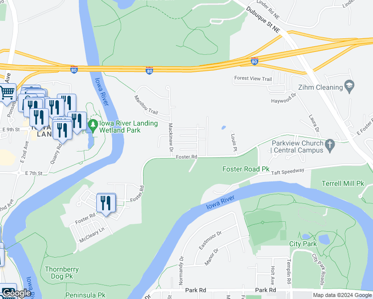 map of restaurants, bars, coffee shops, grocery stores, and more near 741 Arch Rock Road in Iowa City