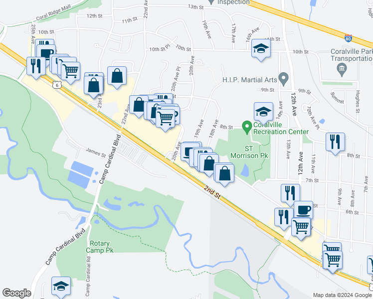 map of restaurants, bars, coffee shops, grocery stores, and more near 700 19th Avenue in Coralville