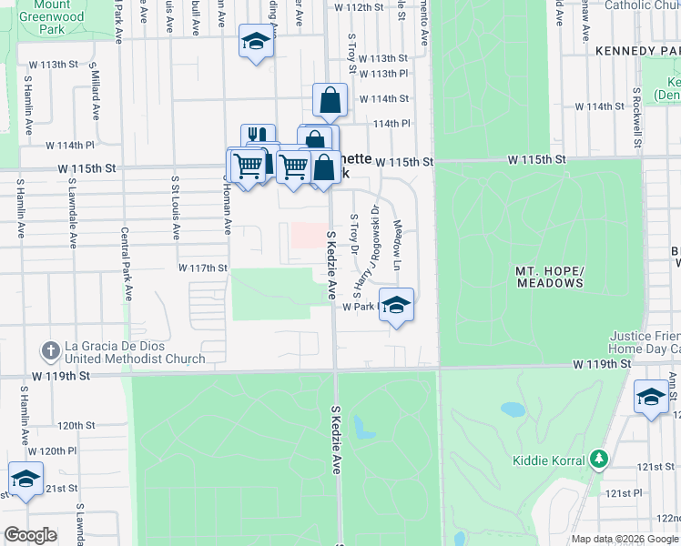 map of restaurants, bars, coffee shops, grocery stores, and more near 11709 South Kedzie Avenue in Merrionette Park