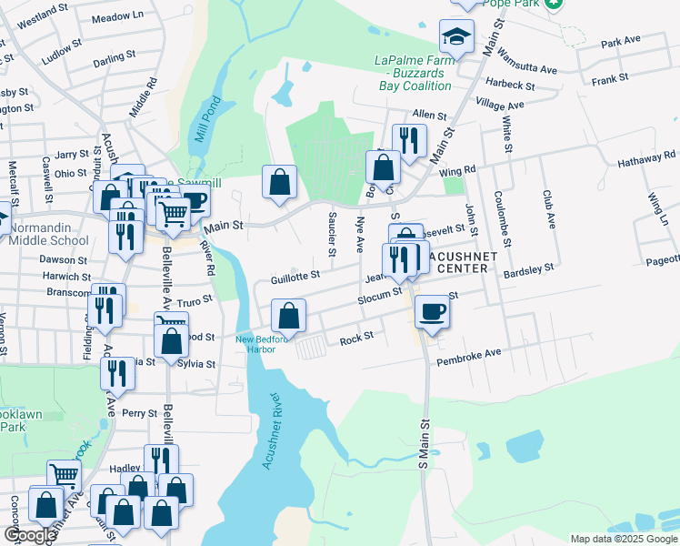 map of restaurants, bars, coffee shops, grocery stores, and more near 11 Guillotte Street in Acushnet