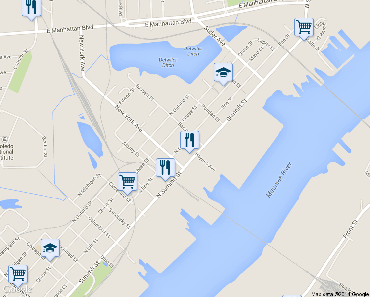 map of restaurants, bars, coffee shops, grocery stores, and more near 3032 N Erie St in Toledo