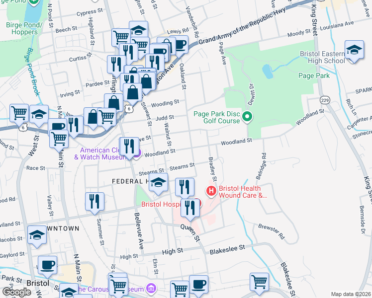 map of restaurants, bars, coffee shops, grocery stores, and more near 132 Woodland Street in Bristol