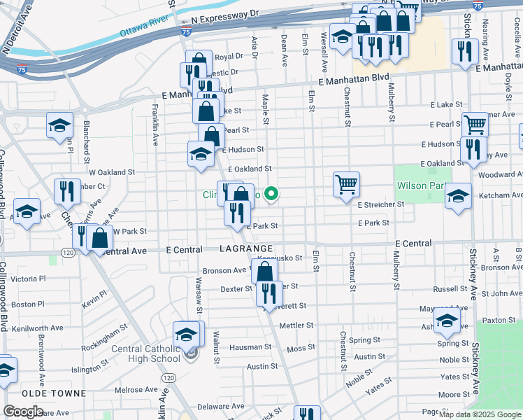 map of restaurants, bars, coffee shops, grocery stores, and more near 246 E Streicher St in Toledo