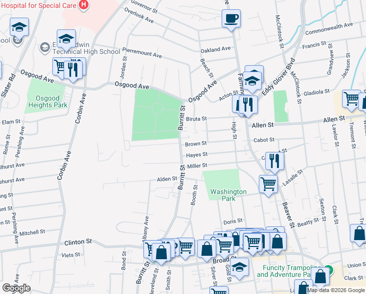 map of restaurants, bars, coffee shops, grocery stores, and more near 579 Burritt Street in New Britain