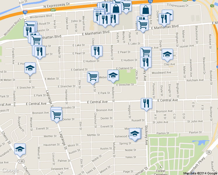 map of restaurants, bars, coffee shops, grocery stores, and more near 556 East Streicher Street in Toledo
