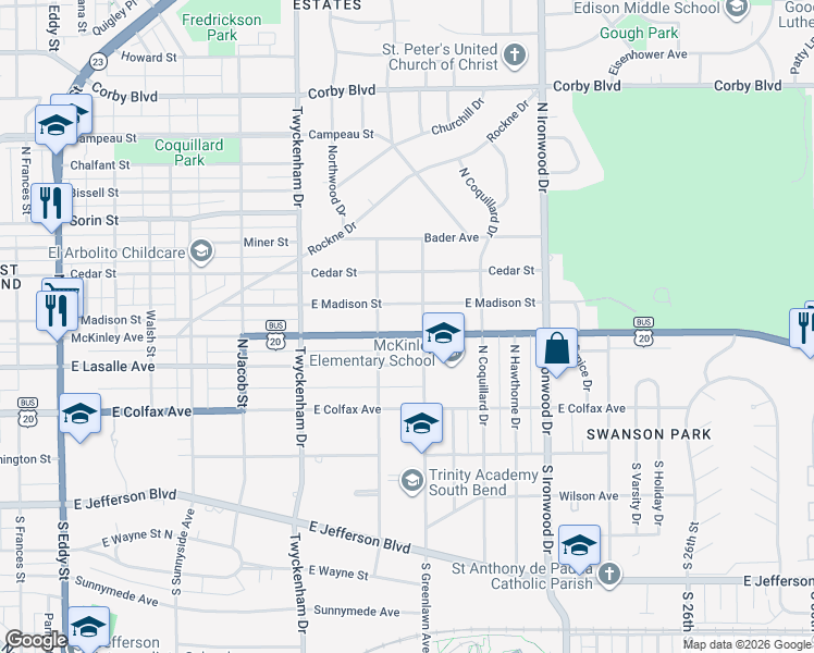 map of restaurants, bars, coffee shops, grocery stores, and more near 1721 McKinley Avenue in South Bend