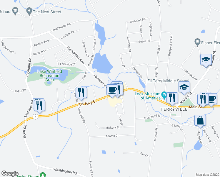 map of restaurants, bars, coffee shops, grocery stores, and more near 10 Harwinton Avenue in Plymouth