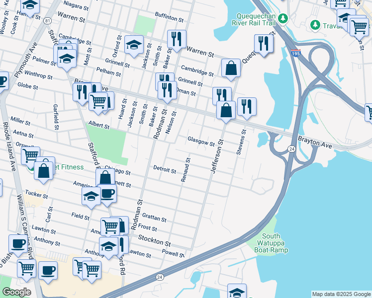 map of restaurants, bars, coffee shops, grocery stores, and more near 52 Duluth Street in Fall River