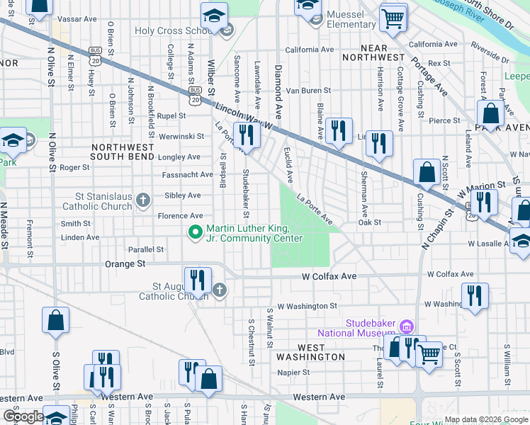 map of restaurants, bars, coffee shops, grocery stores, and more near 333 North Walnut Street in South Bend