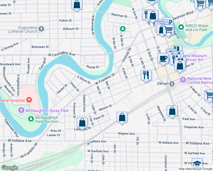 map of restaurants, bars, coffee shops, grocery stores, and more near 800 West Marion Street in Elkhart