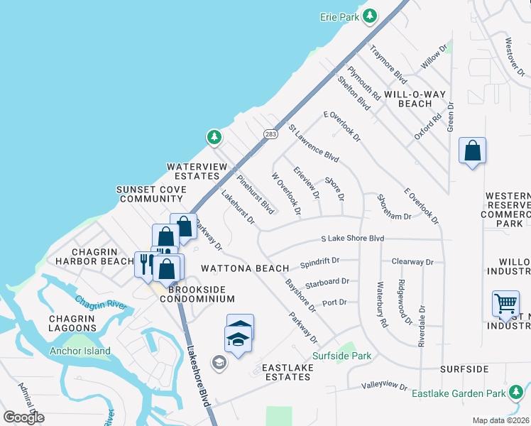 map of restaurants, bars, coffee shops, grocery stores, and more near 174 Pinehurst Boulevard in Eastlake