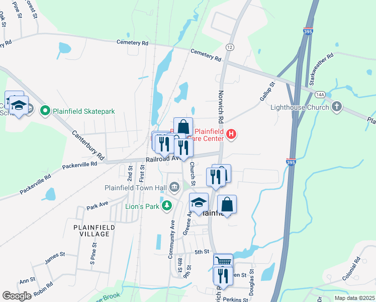 map of restaurants, bars, coffee shops, grocery stores, and more near 12-14 Railroad Avenue in Plainfield
