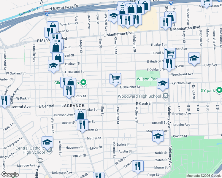 map of restaurants, bars, coffee shops, grocery stores, and more near 430 East Streicher Street in Toledo