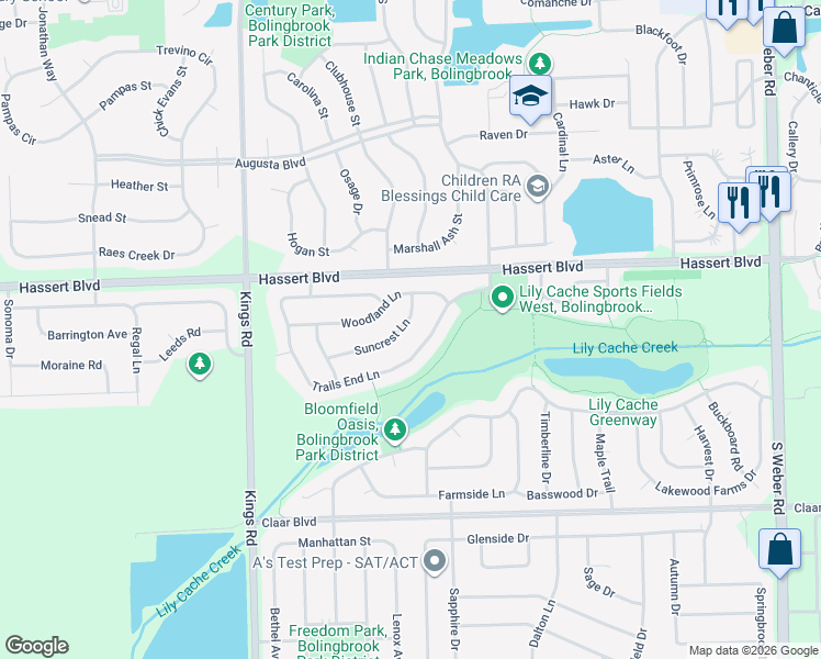 map of restaurants, bars, coffee shops, grocery stores, and more near 1553 Suncrest Lane in Bolingbrook