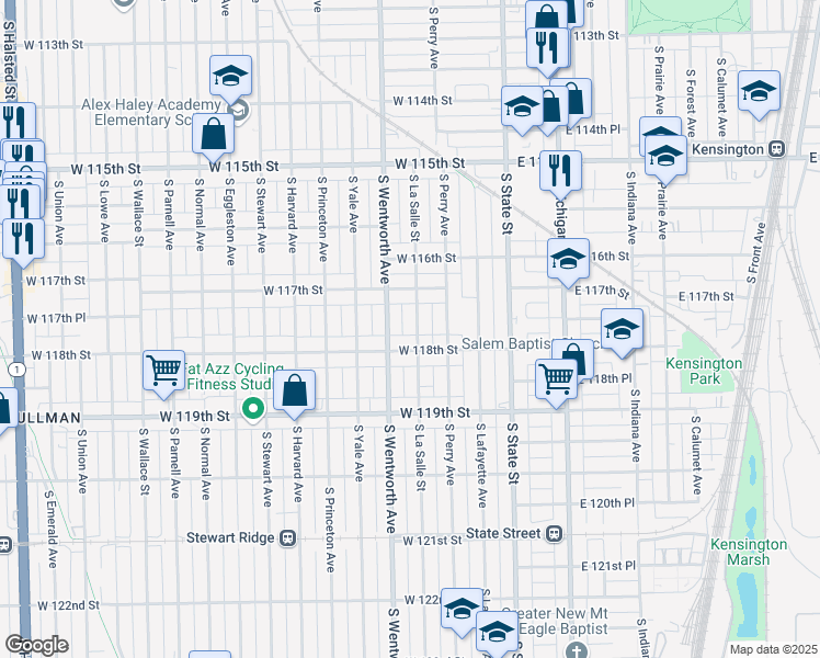 map of restaurants, bars, coffee shops, grocery stores, and more near 11740 South La Salle Street in Chicago