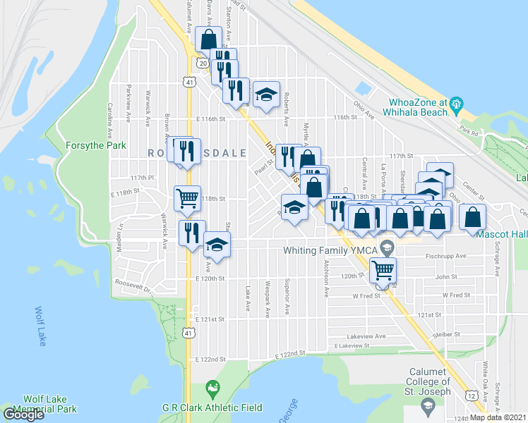 map of restaurants, bars, coffee shops, grocery stores, and more near 950 Myrtle Avenue in Whiting