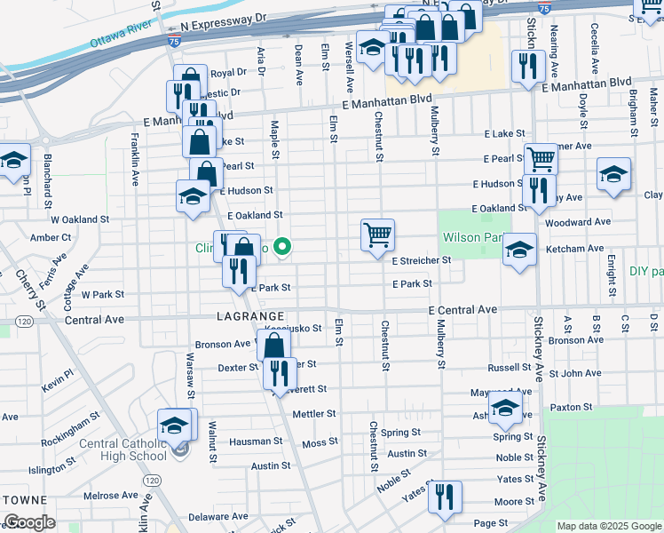 map of restaurants, bars, coffee shops, grocery stores, and more near 3159 Elm Street in Toledo
