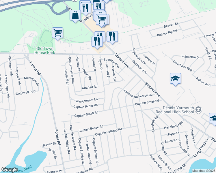 map of restaurants, bars, coffee shops, grocery stores, and more near 33 Mynelle Drive in Yarmouth