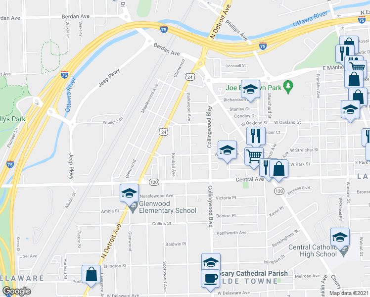 map of restaurants, bars, coffee shops, grocery stores, and more near 3211 Parkwood Ave in Toledo