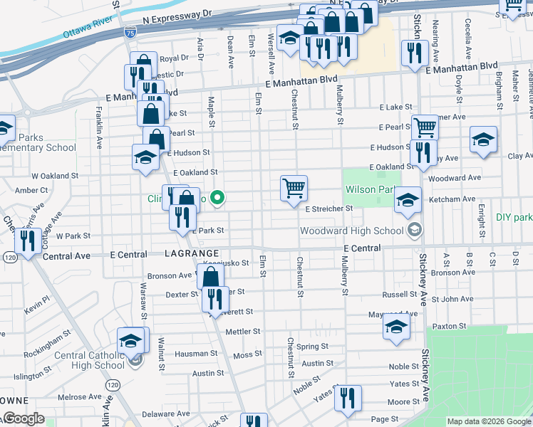 map of restaurants, bars, coffee shops, grocery stores, and more near 3159 Elm Street in Toledo