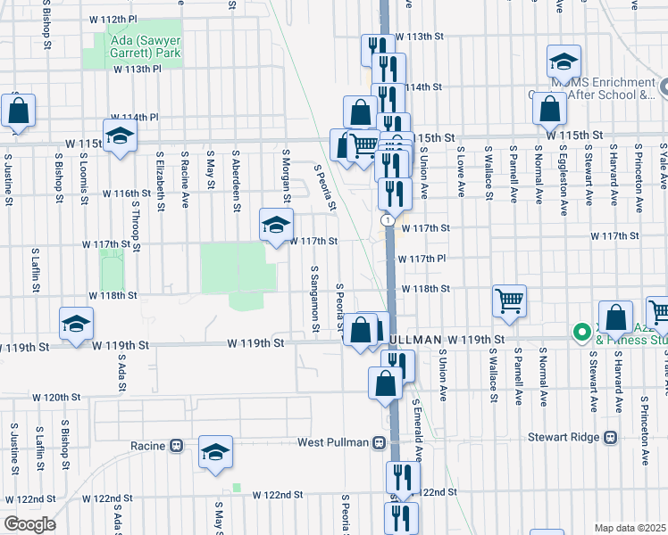 map of restaurants, bars, coffee shops, grocery stores, and more near 11732 South Peoria Street in Chicago