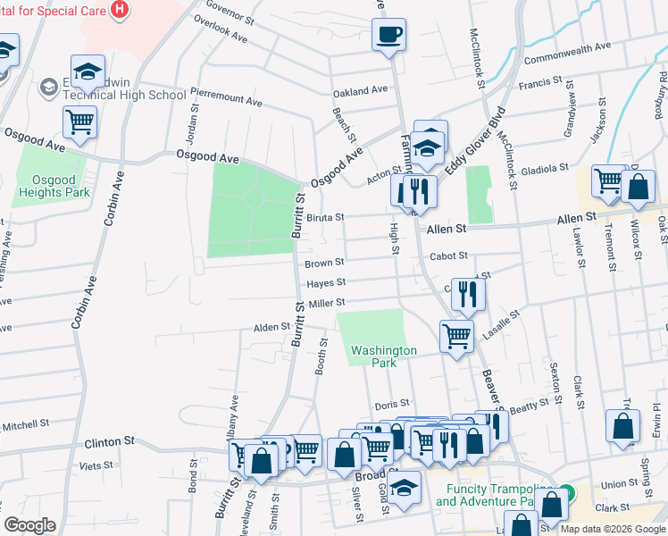 map of restaurants, bars, coffee shops, grocery stores, and more near 82 Brown St in New Britain