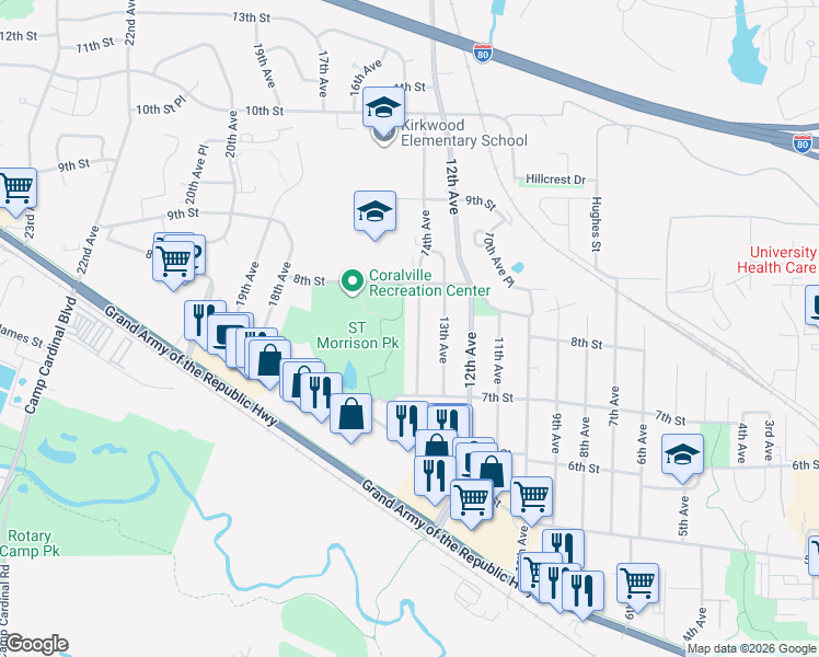 map of restaurants, bars, coffee shops, grocery stores, and more near 724 14th Avenue in Coralville