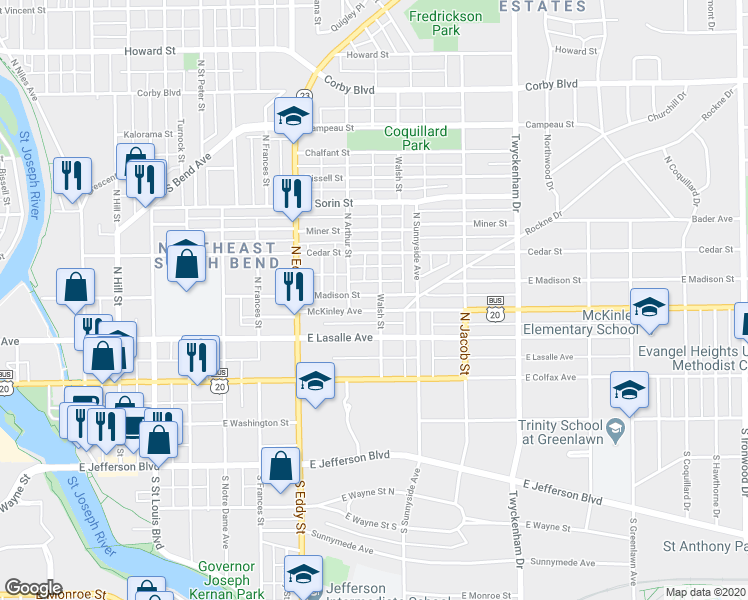 map of restaurants, bars, coffee shops, grocery stores, and more near 1224 East Madison Street in South Bend