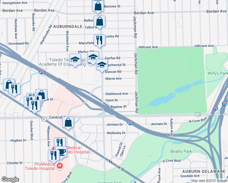 map of restaurants, bars, coffee shops, grocery stores, and more near 1820 Stahlwood Avenue in Toledo