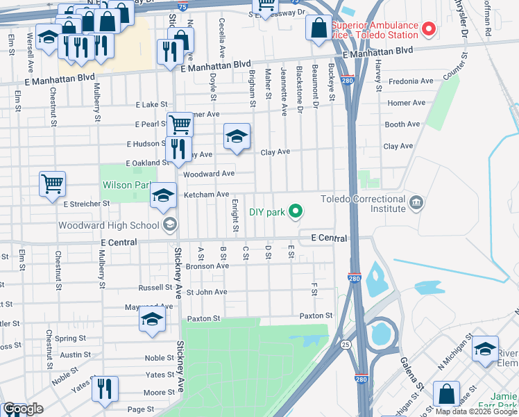 map of restaurants, bars, coffee shops, grocery stores, and more near 3148 Brigham St in Toledo