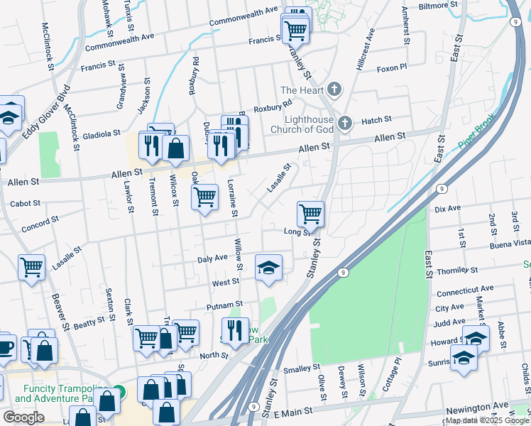 map of restaurants, bars, coffee shops, grocery stores, and more near 353 Lasalle Street in New Britain