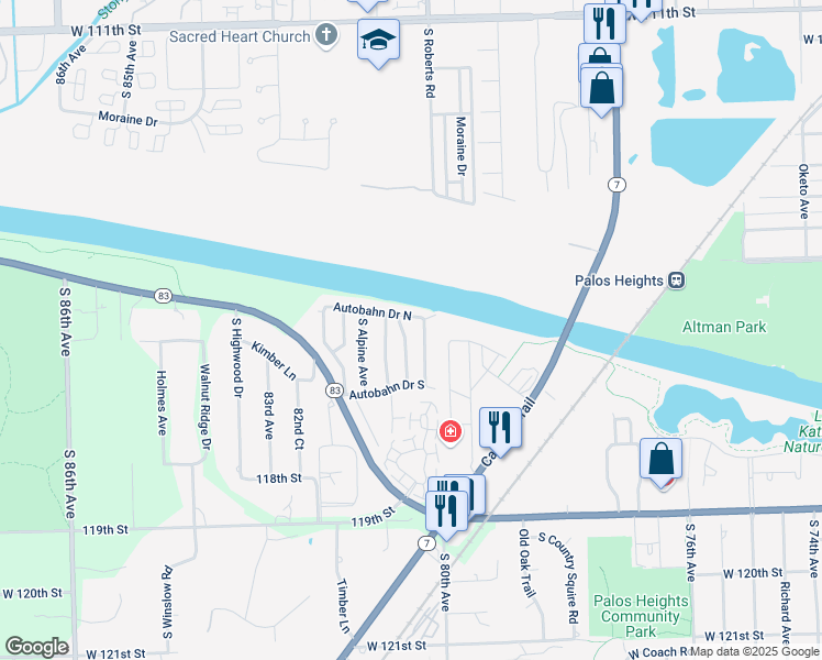 map of restaurants, bars, coffee shops, grocery stores, and more near 11517 South Vienna Avenue in Palos Park