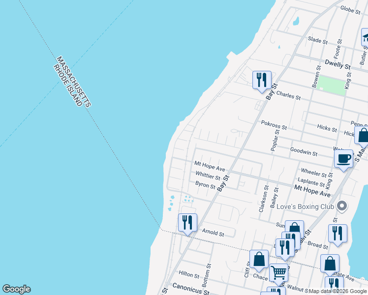 map of restaurants, bars, coffee shops, grocery stores, and more near 3 Kempton Street in Fall River